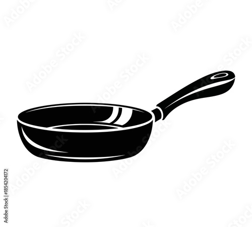 Simple black and white illustration of a lone frying pan with a long handle