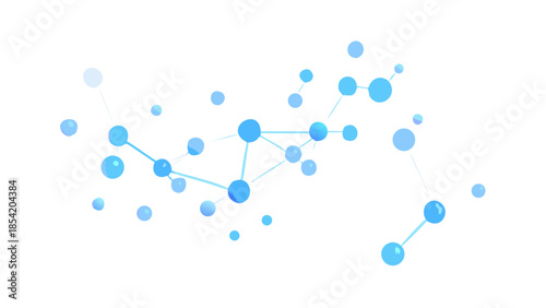 Abstract digital visualization of blue spheres forming an interconnected network, symbolizing data flow, global communication, scientific advancement, and technological innovation