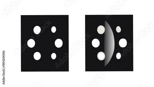Exploring the concept of visual distortion and optical phenomena, this graphic features two dark panels, one with a uniform dot pattern and the other with a curved, translucent lens-like effect
