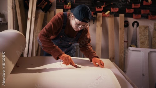 Female furniture restorer cutting foam padding with utility knife for armchair or sofa renovation