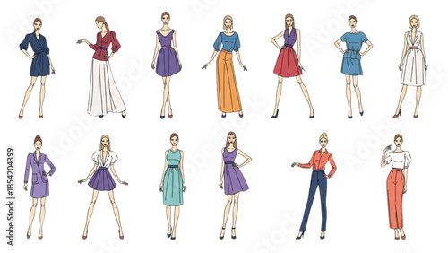 Diverse group of fashion models showcasing various outfits and poses in a studio setting