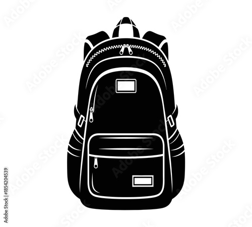 A detailed black and white illustration of a modern spacious backpack with multiple compartments