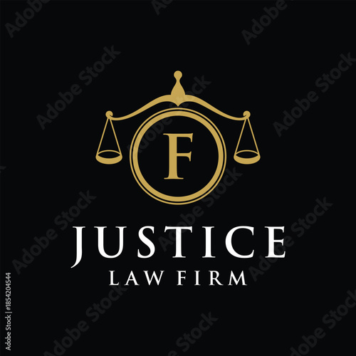 Initial letter F justice law firm logo design, attorney scale of justice legal graphic icon vector template