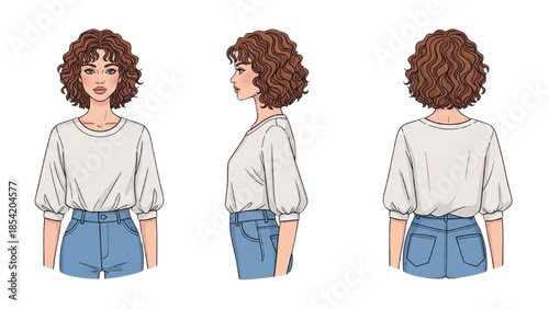 Illustration of a young woman with curly hair from multiple angles wearing casual clothing