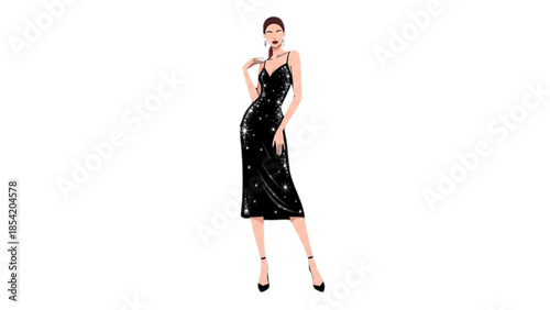 A woman in a shiny black dress posing elegantly against a white background