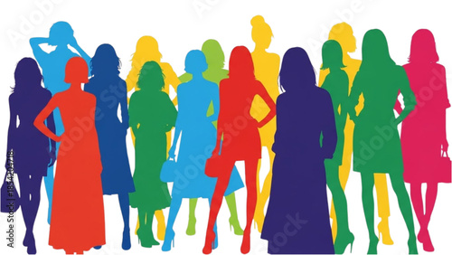 Vibrant silhouettes of diverse women standing together in colorful attire