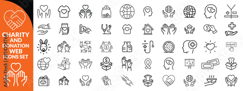 Charity and Donation set of web icons in line style. Volunteering and donation icons for web and mobile app. Help, caring, solidarity, alms, donate, volunteer, care, charity and more. Editable stroke 