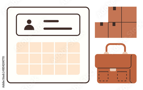 Calendar with profile detail, stack of sealed boxes, and professional briefcase. Ideal for scheduling, management, workplace planning, e-commerce, productivity business goals supply chain. Simple