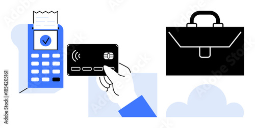 Digital payments, e-commerce, contactless transactions, business operations, financial security, cashless society. Payment terminal, hand holding a credit card briefcase icon. Digital payments