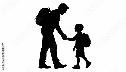 Silhouette of father and son holding hands walking together.