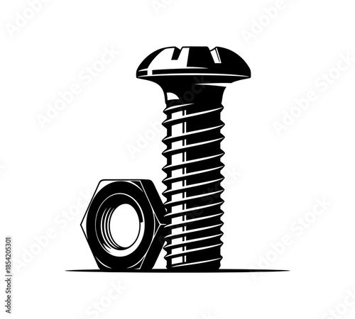 A black and white illustration depicting a screw and a nut essential fastening components