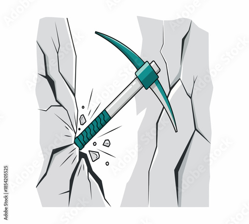 A teal pickaxe breaking through gray rocky terrain illustrating mining or geological activity