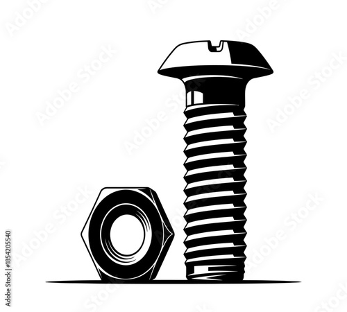 A detailed black and white illustration of a screw and a corresponding nut component
