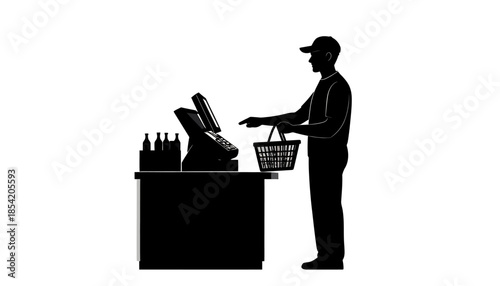 Silhouette of a man at a checkout counter with basket.