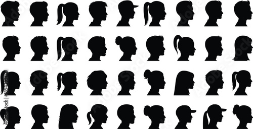 Male and female profile silhouette collection showing diverse hairstyles and head shapes, human avatar icons set, black vector illustration