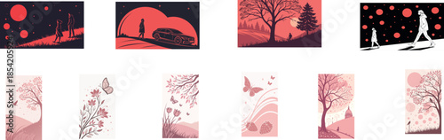 Stylized Aesthetic Landscape Collection - Vector Illustrations of Nature Scenes, People Walking, and Floral Backgrounds in Pink and Charcoal