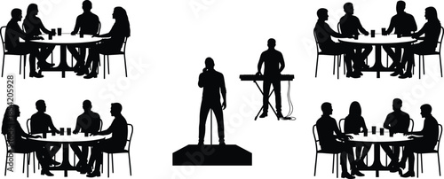 People silhouettes at café tables with singer and musician performing on stage, social gathering entertainment concept, nightlife event vector illustration
