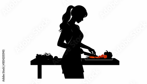 Silhouette of a woman cooking vegetables in the kitchen, preparing healthy food.