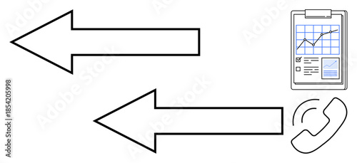 Business communication, data exchange, workflow management, analysis, reporting, customer service. Two arrows, report chart phone icon. Communication and data exchange conceptual imagery
