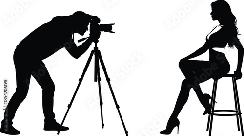 Photographer taking picture of female model silhouette, studio photoshoot concept, fashion photography, creative profession scene vector illustration