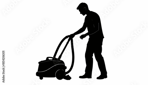 Silhouette of a man using a vacuum cleaner for cleaning.