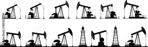 oil pump jacks and drilling rigs for petroleum industry, energy production, and industrial design applications.