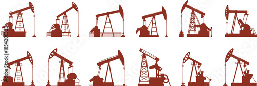 Oil pumpjack silhouette icon set featuring petroleum drilling rigs, fossil fuel extraction machinery and industrial energy equipment in brown flat design style