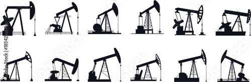 Oil pumpjack and petroleum extraction icon set featuring industrial drilling rigs, energy production machinery and fossil fuel equipment silhouettes in black flat design style