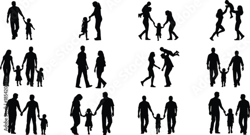 Happy family silhouettes set showing parents and children walking playing and bonding together, parenting love lifestyle concept black vector illustration