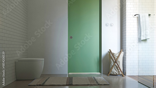 Modern bathroom interior with green door and white toilet. 3D rendering home design