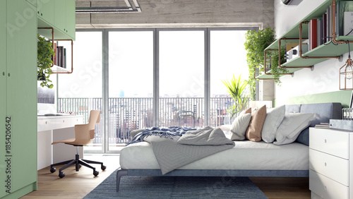 Modern bedroom interior with green shelves and city view. 3D rendering of teen room