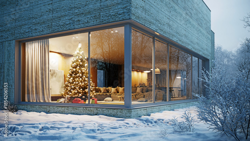 Modern house with glass windows in winter snow. Christmas tree in cozy living room interior