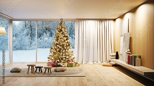Modern interior with Christmas tree and snowy winter view. 3D rendering holiday home design