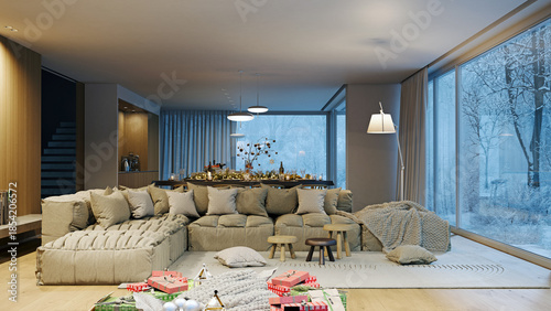 Modern living room interior with Christmas gifts and winter view. 3D rendering