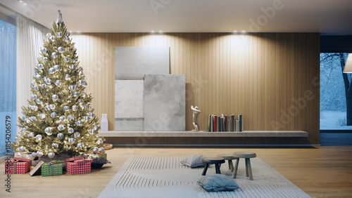 Modern living room with Christmas tree and gifts. Winter window view. 3D rendering