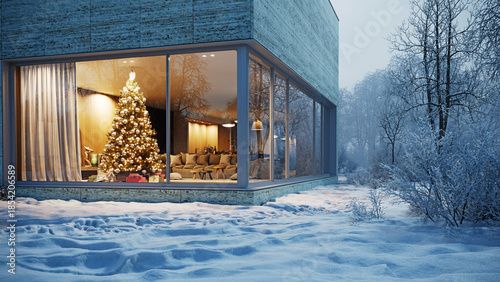 Modern house with Christmas tree in winter. Snowy exterior and warm interior. 3D rendering