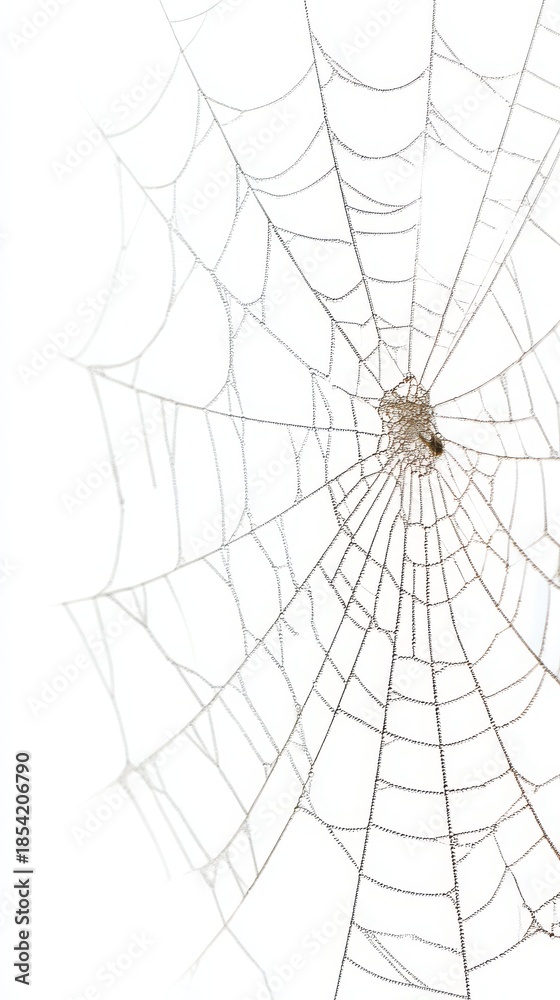 Obraz premium Intricate spiderweb adorned with dewdrops on a bright white background