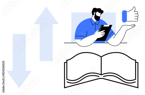 Business communication, knowledge sharing, education, online reviews, decision-making, customer feedback. Open book, arrows and person with tablet giving thumbs up. Business communication