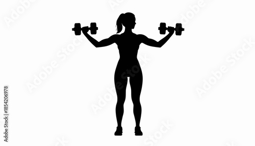 Silhouette of a woman lifting dumbbells in a fitness workout.