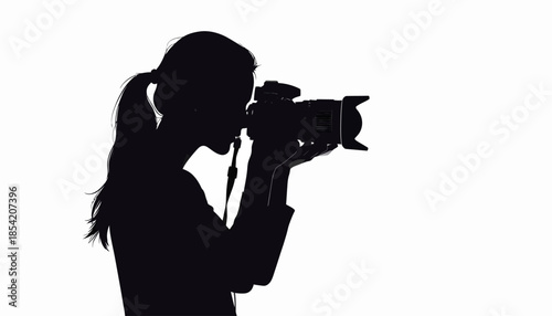 Silhouette of a female photographer taking a picture with a DSLR camera against a white background.