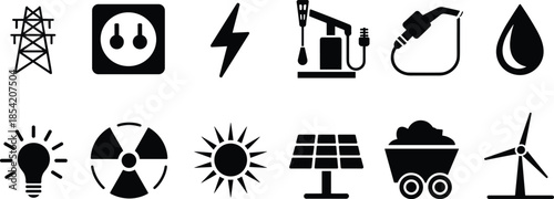 Energy and power source icon set featuring fossil fuels, renewables, electricity, and nuclear symbols for infrastructure, sustainability, and educational design use.