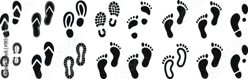 Black and white footprints and shoe print icons set featuring barefoot steps, sandals, flip flops, and textured sole tracks in flat silhouette style isolated on white background