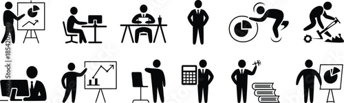 Business people pictogram set showing office work, presentation, analysis, teamwork, planning, finance, and problem solving activities in flat black silhouette style isolated on white background