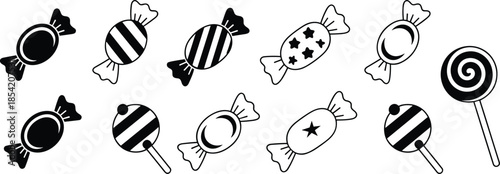 Black and white candy icons collection with wrapped sweets and lollipops in minimal flat silhouette style isolated on white background for design use