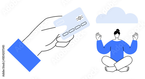 Online payments, mindfulness, financial technology, personal balance, digital transactions, stress management. Hand holding a credit card alongside a meditating figure. Online payments