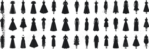 Women fashion dress silhouette icon set featuring elegant gowns, vintage and modern female outfits, clothing styles and apparel designs in black flat vector style