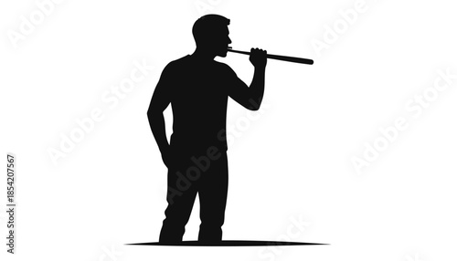 Silhouette of a man smoking a long pipe in profile view.