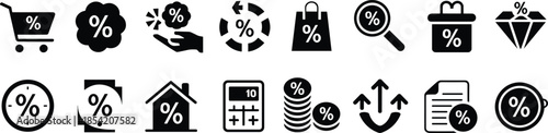 Discount and percentage icon set featuring sales, price reduction, shopping offers, financial calculation and promotion symbols in black flat design style