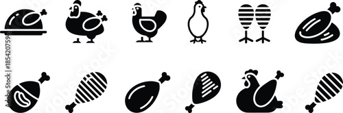 chicken and drumstick icons in various styles for culinary design, restaurant branding, and food packaging visuals
