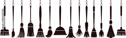 various brooms and brushes for cleaning, ideal for household tools, sanitation, and commercial cleaning design projects.